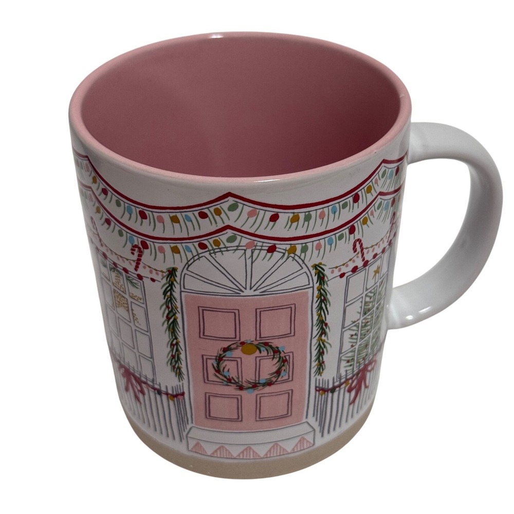 Prima Design Christmas Mug Pink Door Wreath Holiday Ceramic Coffee Cup White